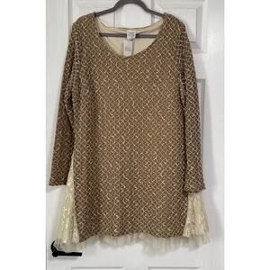Women's Wool Blend Beige Brown Wo Diamond Lace Insert Tunic Top Size XL